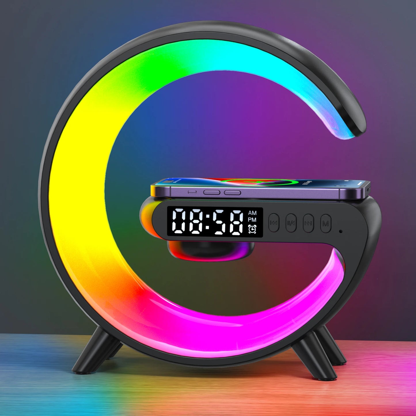 AuraCharge Station™ — 6-in-1 Wireless Charger with Speaker & RGB Night Light