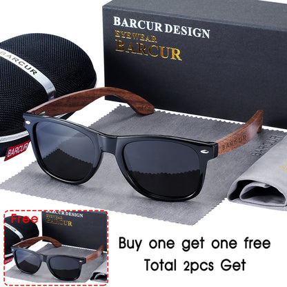 BARCUR™ Premium Black Walnut Wood Polarized Sunglasses for Men – UV400 Square Frame Eyewear + Gift Box