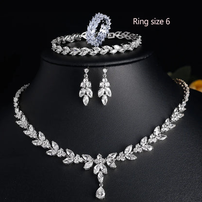 ZAKOL Luxury Zirconia Leaf Bridal Jewelry Set – Elegant Necklace, Earrings, Ring & Bracelet for Weddings