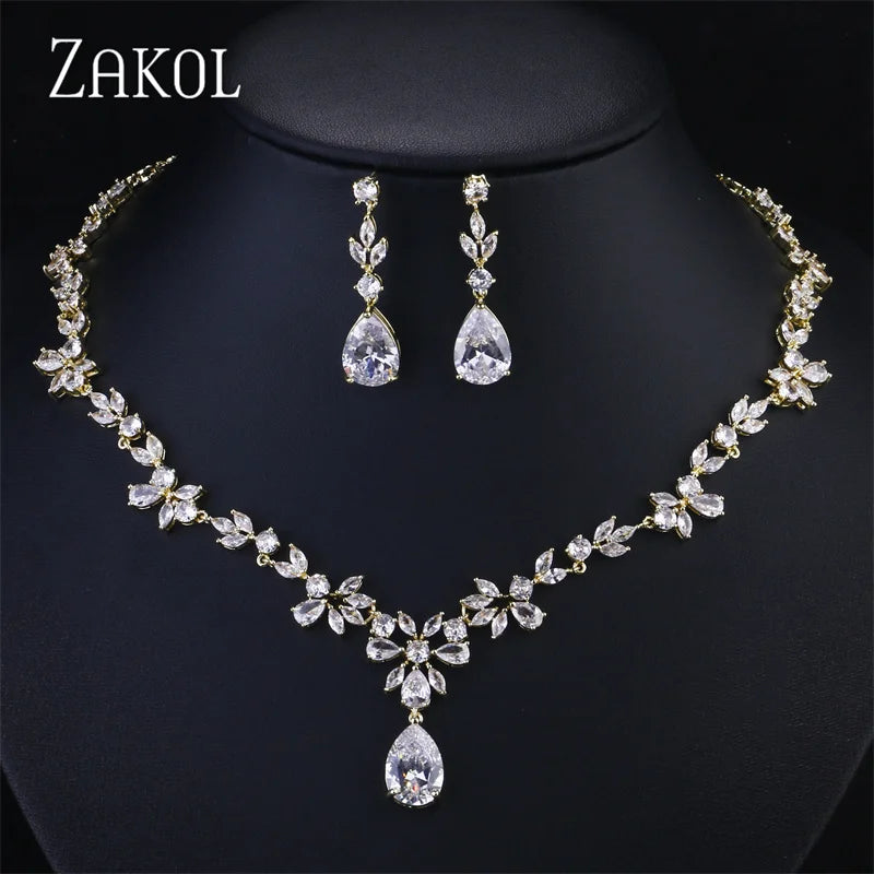 ZAKOL Luxury Zirconia Leaf Bridal Jewelry Set – Elegant Necklace, Earrings, Ring & Bracelet for Weddings