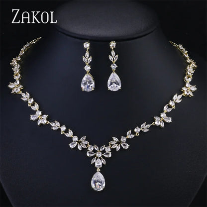ZAKOL Luxury Zirconia Leaf Bridal Jewelry Set – Elegant Necklace, Earrings, Ring & Bracelet for Weddings