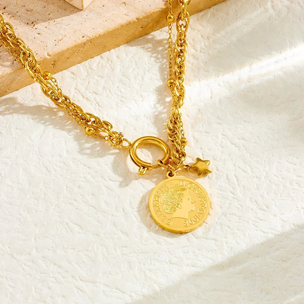 DIEYURO™ Golden Star Portrait Coin Jewelry Set – Necklace, Earrings & Bracelet