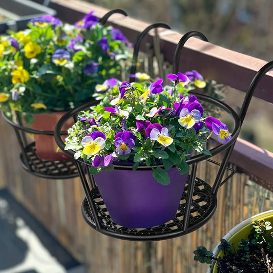 SkyBloom™ Hanging Metal Flower Pots (Set of 3) – Iron Art Planters with Hooks for Balcony & Fence