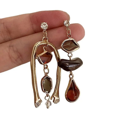 Vintage Abstract Art Asymmetric Drop Earrings – Humanoid Hand Statement Jewelry for Women