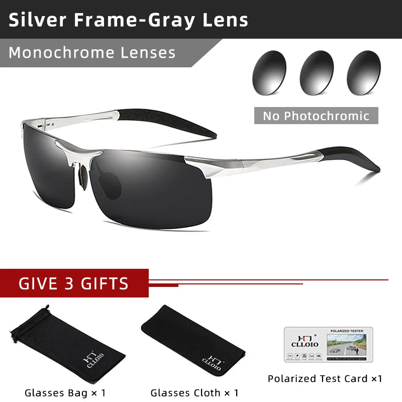 CLLOIO Polarized Photochromic Sunglasses – UV400 Day/Night Driving Chameleon Glasses for Men (Aluminum Frame)
