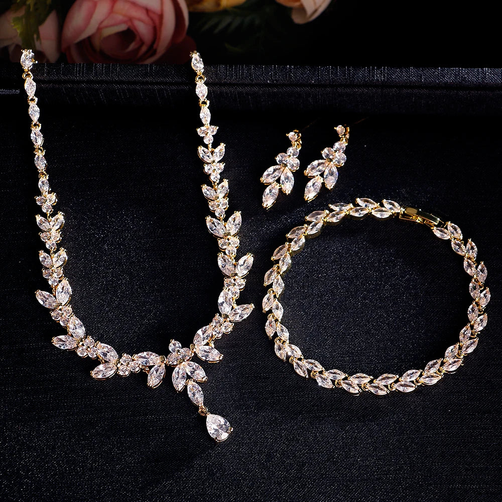 ZAKOL Luxury Zirconia Leaf Bridal Jewelry Set – Elegant Necklace, Earrings, Ring & Bracelet for Weddings