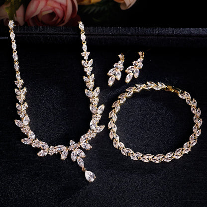 ZAKOL Luxury Zirconia Leaf Bridal Jewelry Set – Elegant Necklace, Earrings, Ring & Bracelet for Weddings