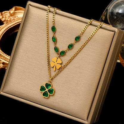 EILIECK™ 4-Leaf Clover Green Zircon Necklace | 316L Stainless Steel Waterproof Pendant for Women