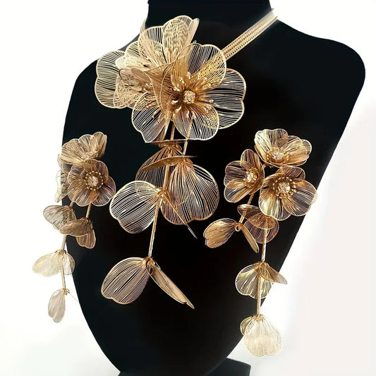 Best Lady™ 3-Piece Vintage Floral Rhinestone Jewelry Set – Handmade Party Statement Necklace, Earrings & Ring