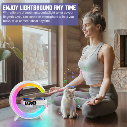 AuraCharge Station™ — 6-in-1 Wireless Charger with Speaker & RGB Night Light