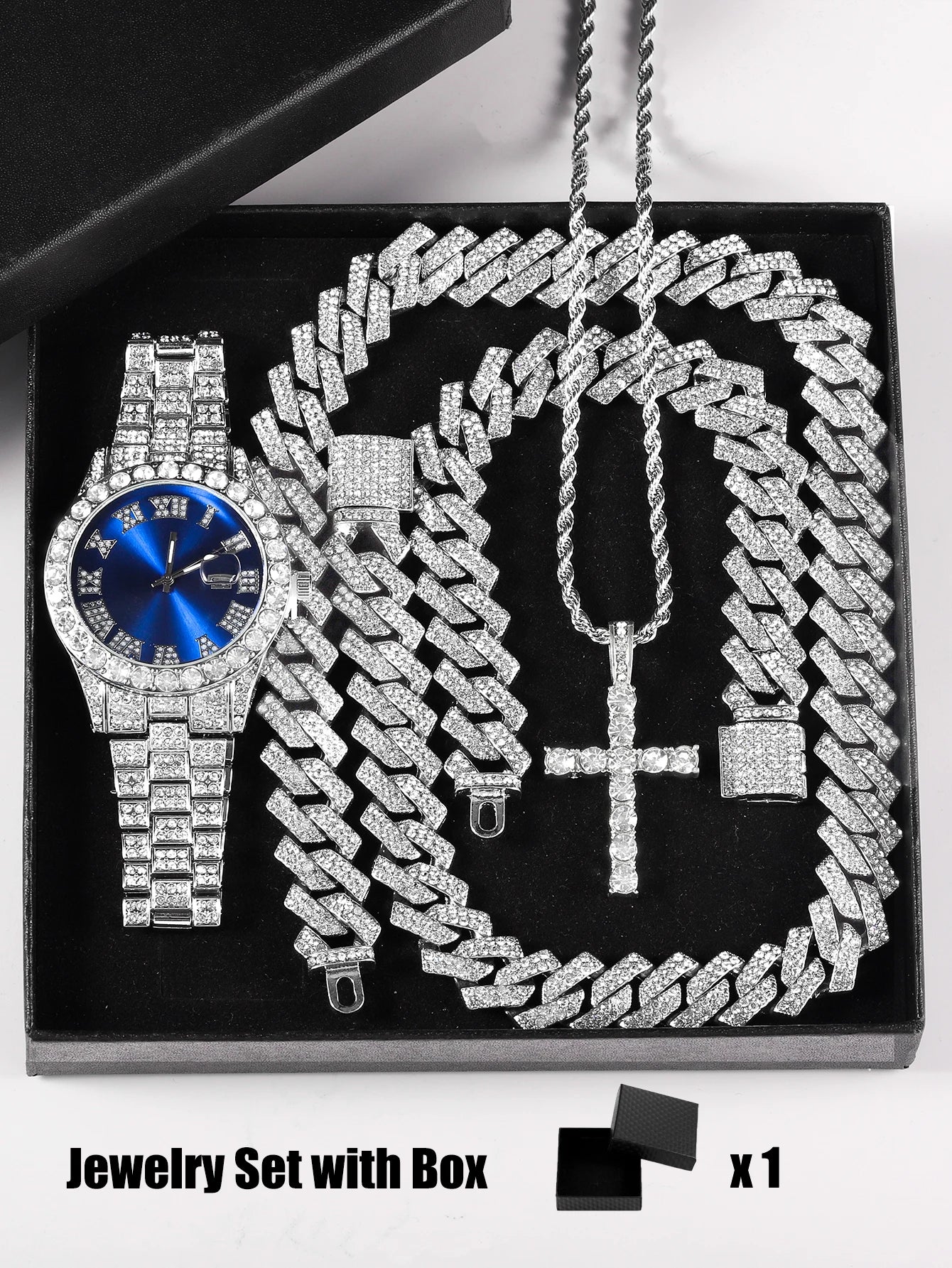 Men's Quartz Watch + Cuban Chain & Cross Bracelet Gift Set | Hip Hop Iced-Out Luxury Box