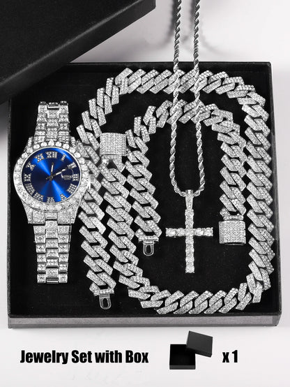 Men's Quartz Watch + Cuban Chain & Cross Bracelet Gift Set | Hip Hop Iced-Out Luxury Box