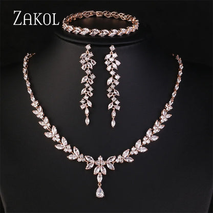 ZAKOL Luxury Zirconia Leaf Bridal Jewelry Set – Elegant Necklace, Earrings, Ring & Bracelet for Weddings