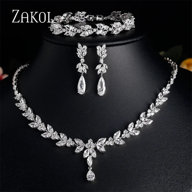 ZAKOL Luxury Zirconia Leaf Bridal Jewelry Set – Elegant Necklace, Earrings, Ring & Bracelet for Weddings