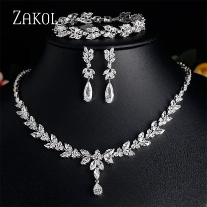 ZAKOL Luxury Zirconia Leaf Bridal Jewelry Set – Elegant Necklace, Earrings, Ring & Bracelet for Weddings