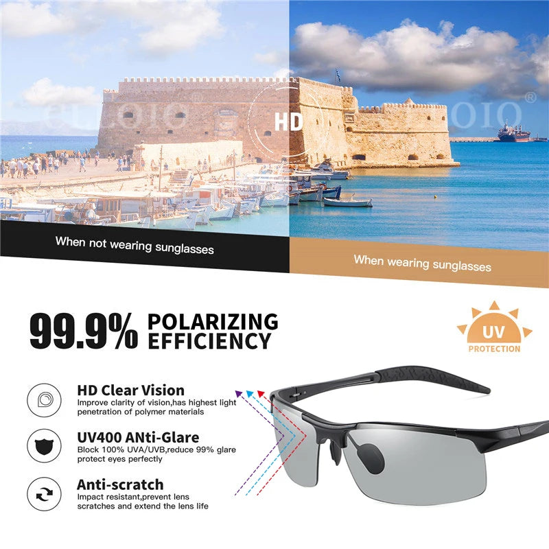 CLLOIO Polarized Photochromic Sunglasses – UV400 Day/Night Driving Chameleon Glasses for Men (Aluminum Frame)