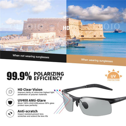 CLLOIO Polarized Photochromic Sunglasses – UV400 Day/Night Driving Chameleon Glasses for Men (Aluminum Frame)