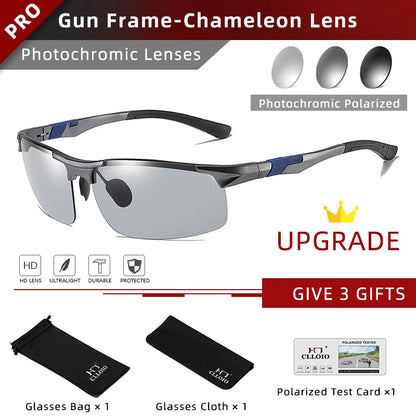 CLLOIO Polarized Photochromic Sunglasses – UV400 Day/Night Driving Chameleon Glasses for Men (Aluminum Frame)