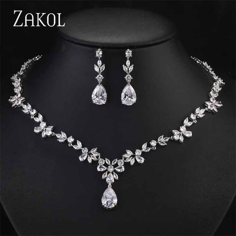 ZAKOL Luxury Zirconia Leaf Bridal Jewelry Set – Elegant Necklace, Earrings, Ring & Bracelet for Weddings