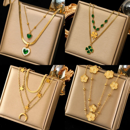 EILIECK™ 4-Leaf Clover Green Zircon Necklace | 316L Stainless Steel Waterproof Pendant for Women
