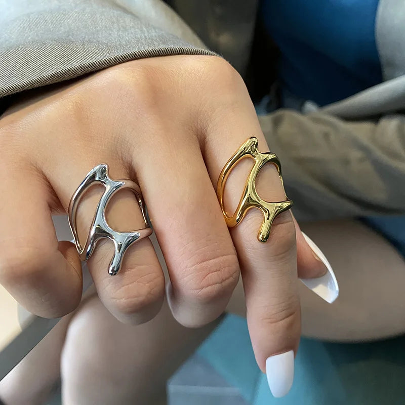 MeltWave™ Y2K Pleated Gold Open Ring – Liquid Metal Punk Fashion