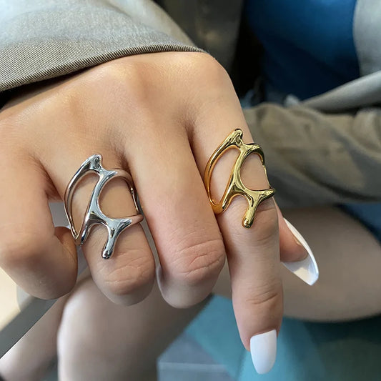 MeltWave™ Y2K Pleated Gold Open Ring – Liquid Metal Punk Fashion