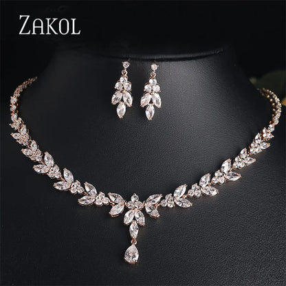 ZAKOL Luxury Zirconia Leaf Bridal Jewelry Set – Elegant Necklace, Earrings, Ring & Bracelet for Weddings