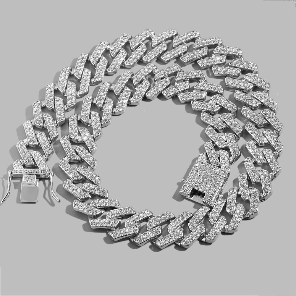 Iced Out Prong Cuban Link Chain – 2 Row AAA Rhinestones | 13/14/20mm | Men's Hip Hop Necklace