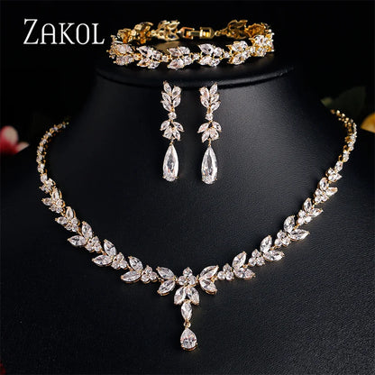 ZAKOL Luxury Zirconia Leaf Bridal Jewelry Set – Elegant Necklace, Earrings, Ring & Bracelet for Weddings