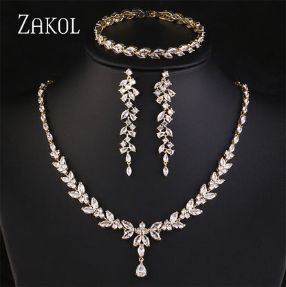 ZAKOL Luxury Zirconia Leaf Bridal Jewelry Set – Elegant Necklace, Earrings, Ring & Bracelet for Weddings