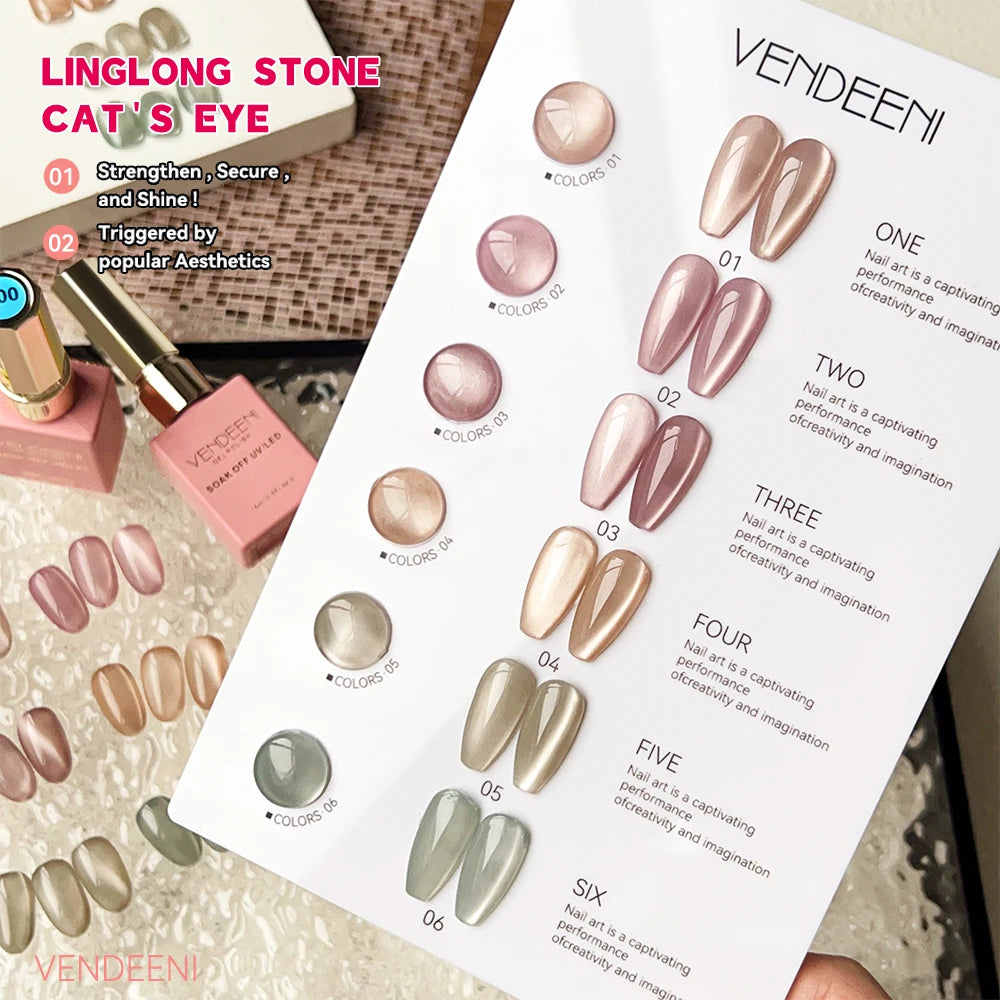 Vendeeni™ 6-Color Magnetic Cat Eye Gel Polish Set – Pink Crystal Shine UV/LED Soak-Off with Display Board