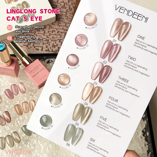 Vendeeni™ 6-Color Magnetic Cat Eye Gel Polish Set – Pink Crystal Shine UV/LED Soak-Off with Display Board