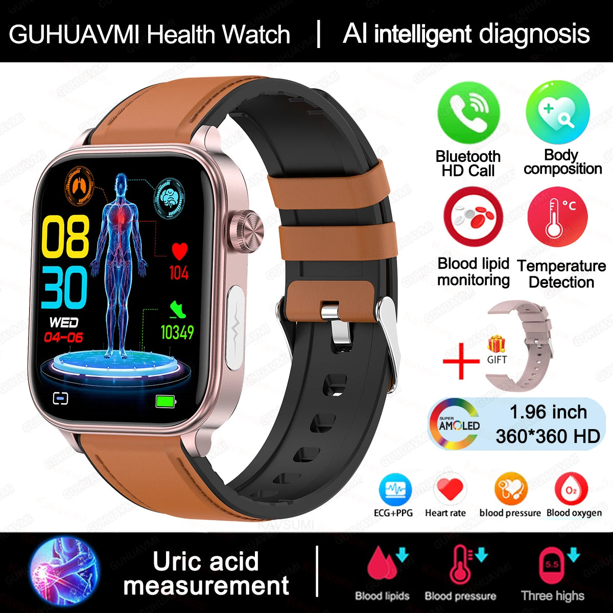 2025 VitalCare™ ECG+PPG Smartwatch – Advanced Blood Pressure, Lipid, Uric Acid & Menstrual Health Tracker for Women