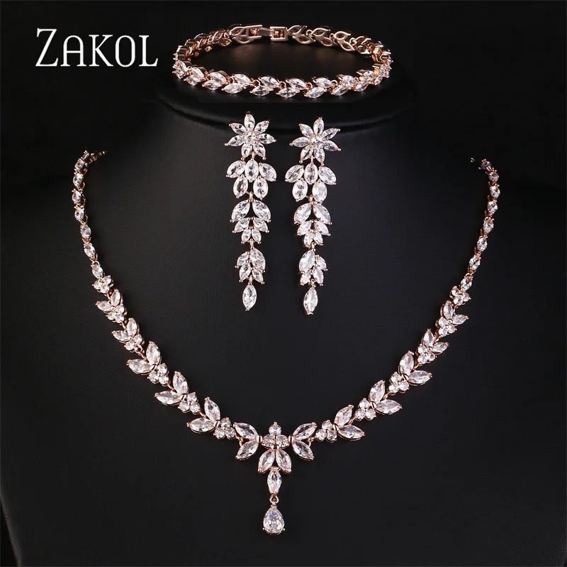 ZAKOL Luxury Zirconia Leaf Bridal Jewelry Set – Elegant Necklace, Earrings, Ring & Bracelet for Weddings