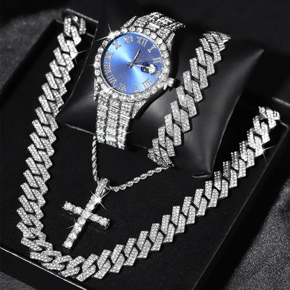 Men's Quartz Watch + Cuban Chain & Cross Bracelet Gift Set | Hip Hop Iced-Out Luxury Box