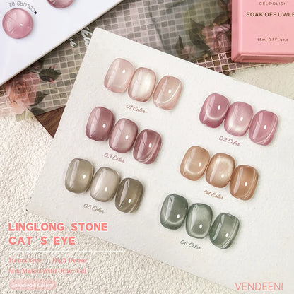 Vendeeni™ 6-Color Magnetic Cat Eye Gel Polish Set – Pink Crystal Shine UV/LED Soak-Off with Display Board