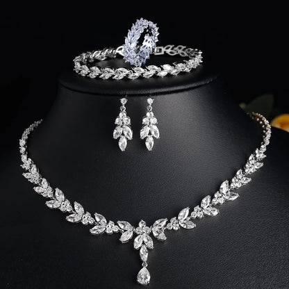 ZAKOL Luxury Zirconia Leaf Bridal Jewelry Set – Elegant Necklace, Earrings, Ring & Bracelet for Weddings