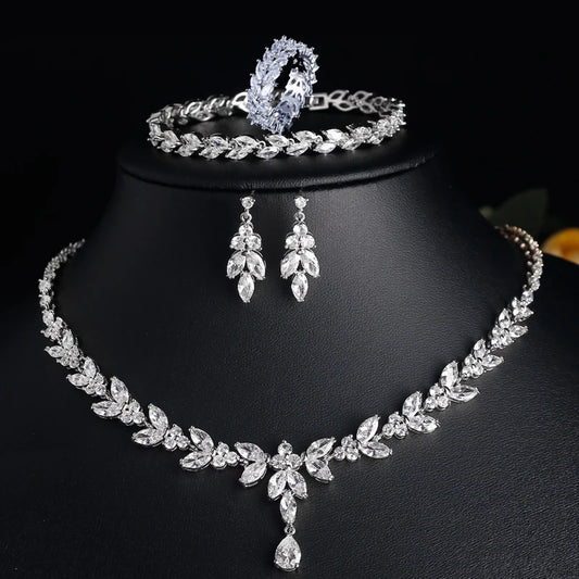 ZAKOL Luxury Zirconia Leaf Bridal Jewelry Set – Elegant Necklace, Earrings, Ring & Bracelet for Weddings