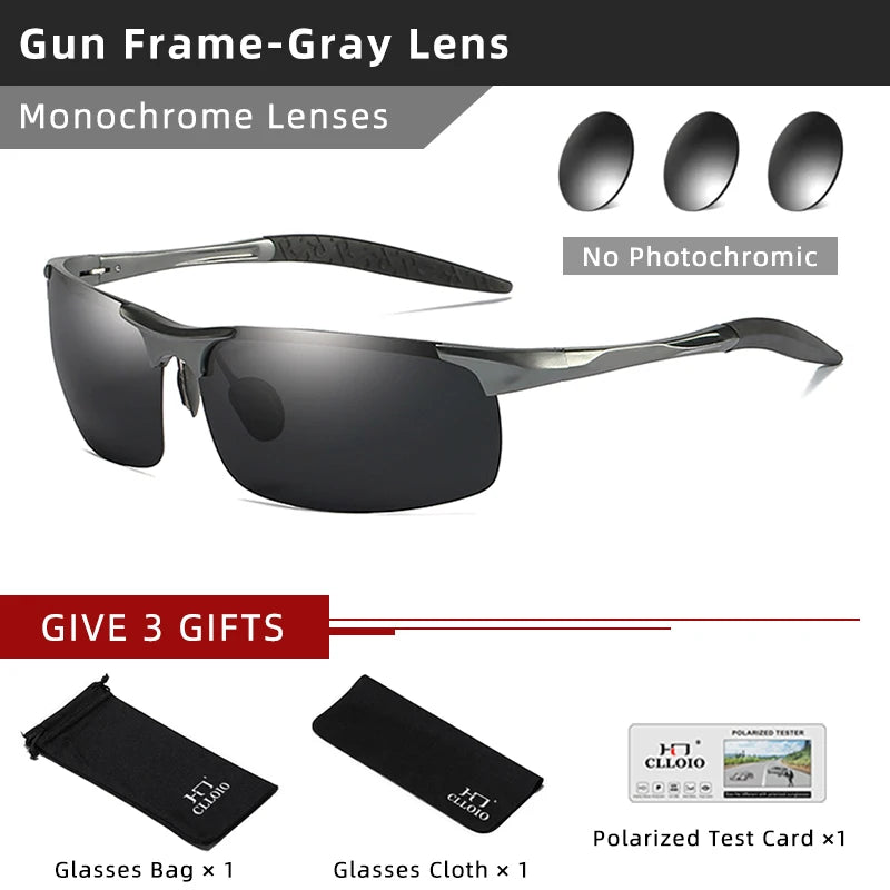 CLLOIO Polarized Photochromic Sunglasses – UV400 Day/Night Driving Chameleon Glasses for Men (Aluminum Frame)