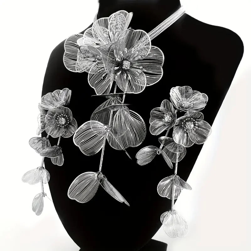 Best Lady™ 3-Piece Vintage Floral Rhinestone Jewelry Set – Handmade Party Statement Necklace, Earrings & Ring