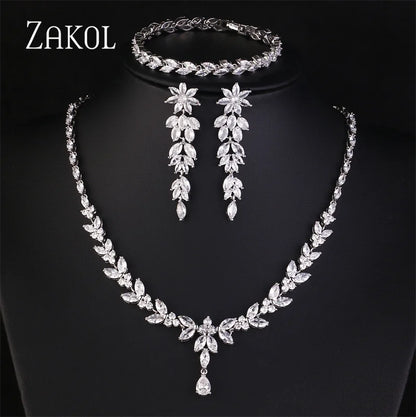ZAKOL Luxury Zirconia Leaf Bridal Jewelry Set – Elegant Necklace, Earrings, Ring & Bracelet for Weddings