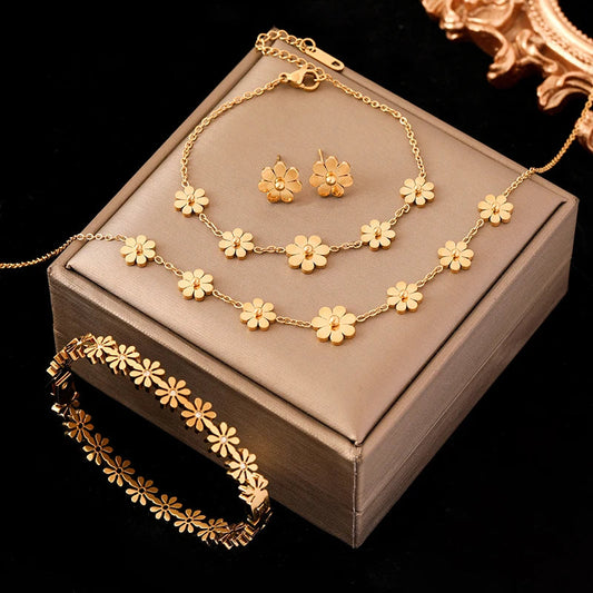 daisy jewelry set waterproof stainless steel jewelry fashion gift set floral accessories hypoallergenic jewelry for women GANEMLY necklace bracelet earring ring
