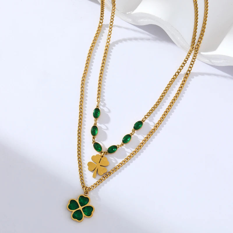 EILIECK™ 4-Leaf Clover Green Zircon Necklace | 316L Stainless Steel Waterproof Pendant for Women