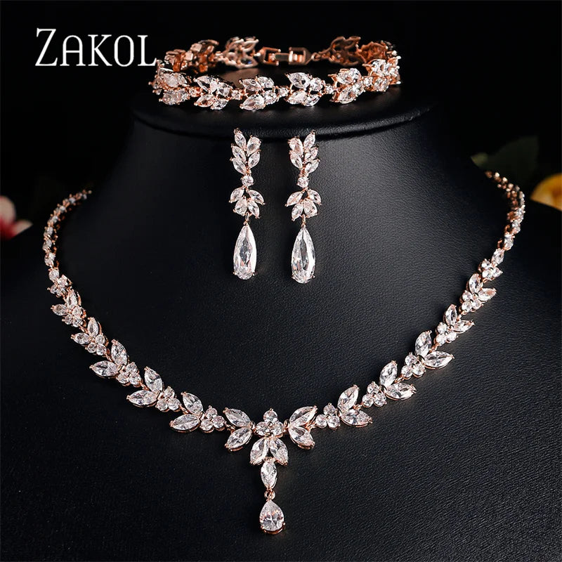 ZAKOL Luxury Zirconia Leaf Bridal Jewelry Set – Elegant Necklace, Earrings, Ring & Bracelet for Weddings