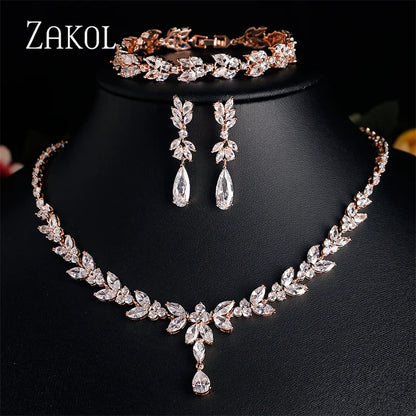 ZAKOL Luxury Zirconia Leaf Bridal Jewelry Set – Elegant Necklace, Earrings, Ring & Bracelet for Weddings