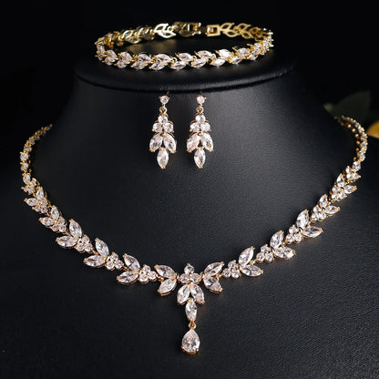 ZAKOL Luxury Zirconia Leaf Bridal Jewelry Set – Elegant Necklace, Earrings, Ring & Bracelet for Weddings