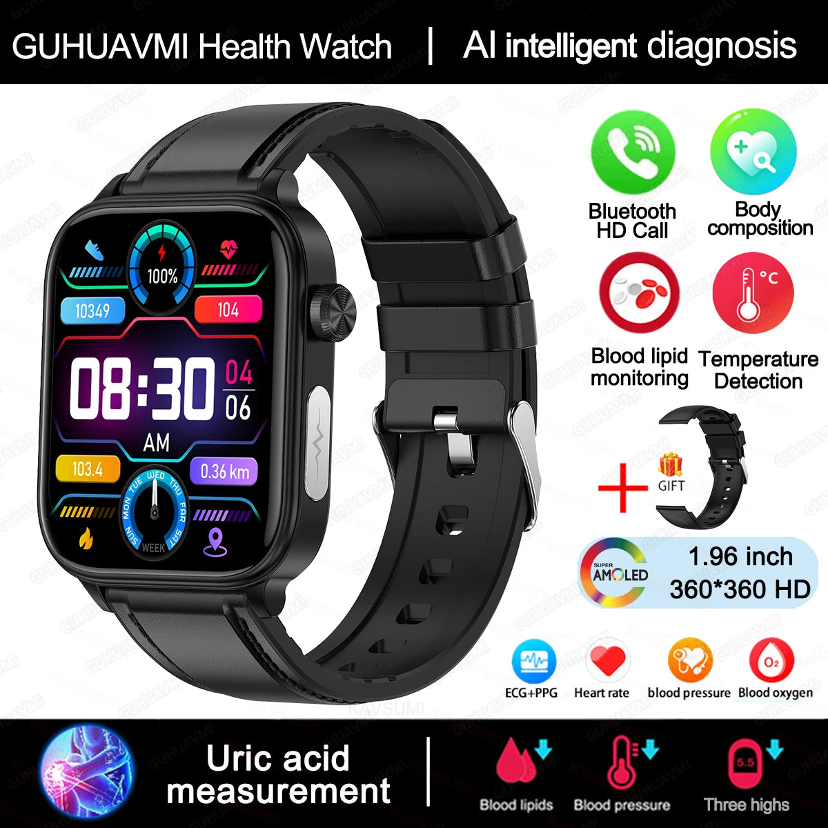 2025 VitalCare™ ECG+PPG Smartwatch – Advanced Blood Pressure, Lipid, Uric Acid & Menstrual Health Tracker for Women