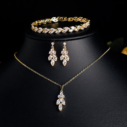 ZAKOL Luxury Zirconia Leaf Bridal Jewelry Set – Elegant Necklace, Earrings, Ring & Bracelet for Weddings