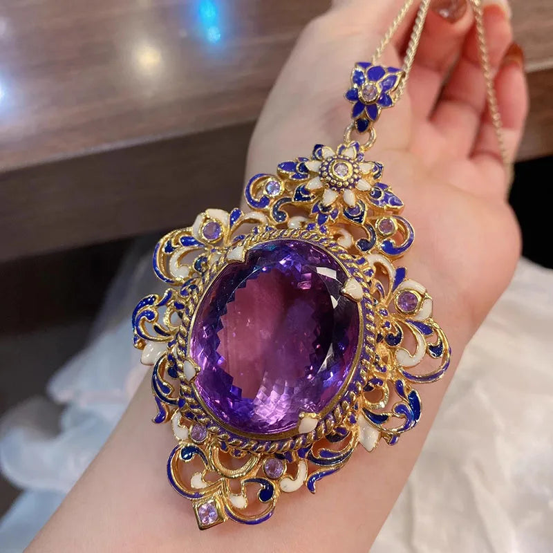 Vintage Royalty: Oval Purple Stone Jewelry Set – Enamel Pendant Necklace & Matching Ring for Women