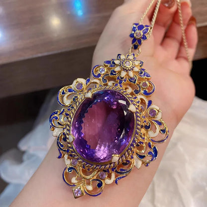 Vintage Royalty: Oval Purple Stone Jewelry Set – Enamel Pendant Necklace & Matching Ring for Women